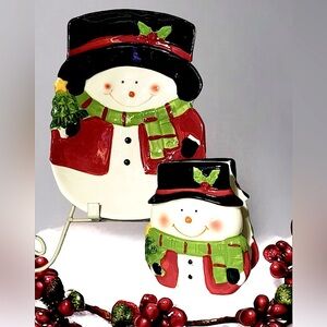 Snowman Kitchen Hand Painted Set Christmas Ceramic Dish Tray Napkin Holder 2 PC